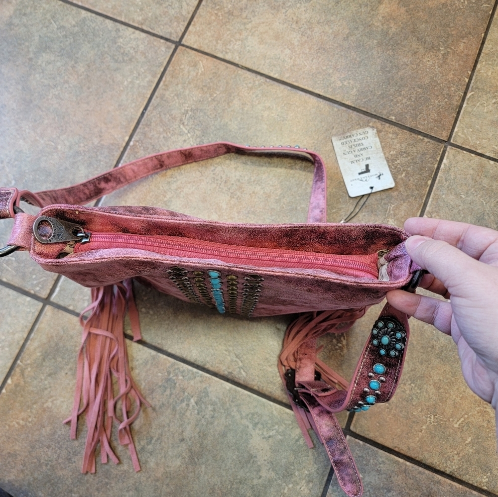 NWT Montana West Concealed Carry Pink Crossbody Turquoise, studs, Frindge - Picture 9 of 16
